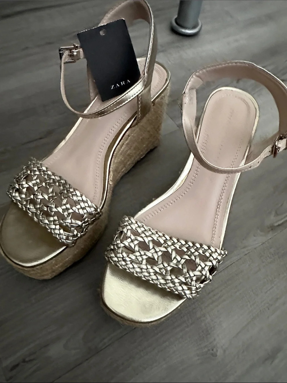 Zara Metallic Gold Woven Espadrille Wedge Sandals